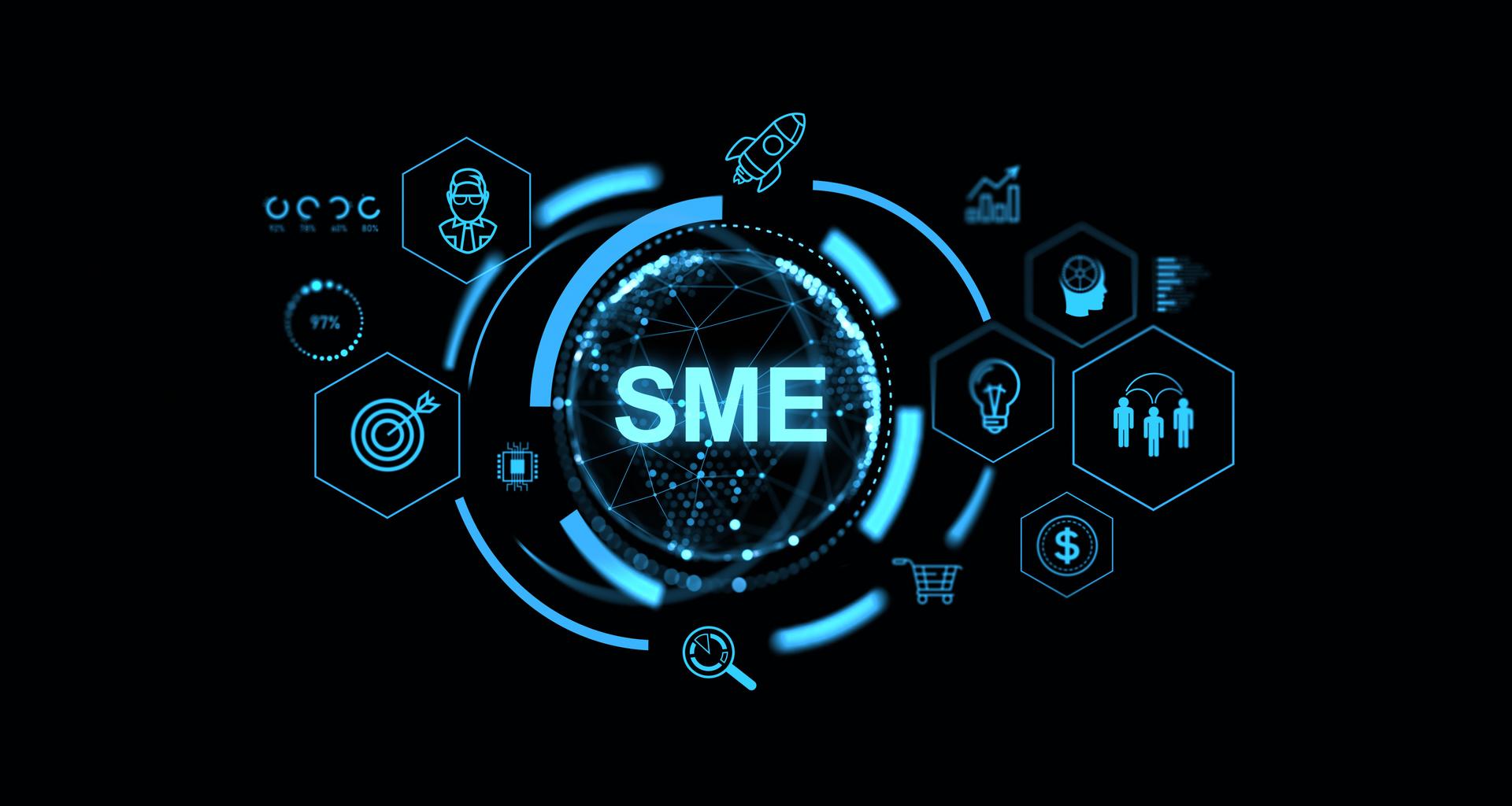 Digital representation of SME concept with various icons on dark background. 3D Rendering